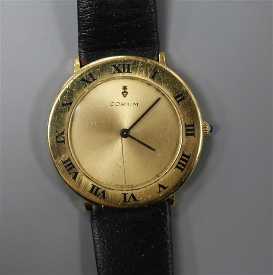 A gentlemens Corum 18ct gold wristwatch, with baton hands and Roman numerals to the bezel, on leather strap, cased